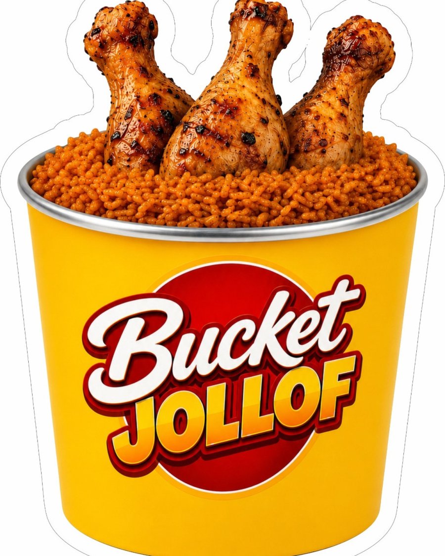 Bucket Jollof smoky Nigerian party rice in sealed bucket packaging